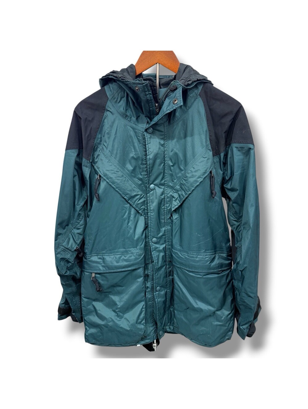 Vintage EMS Gore-Tex Hooded Rain Jacket Green Black Hiking Shell Mens Medium